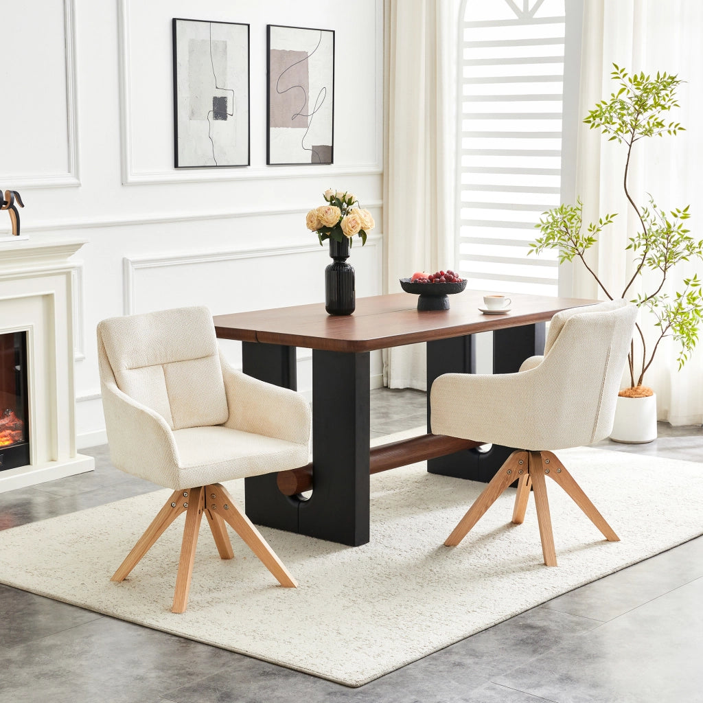 Sedia da Pranzo Set da 2 Girevole a 360° con Schienale Alto e Braccioli in Tessuto Bianco e Legno