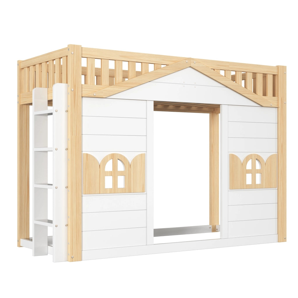 Letto a castello per bambini con finestra e scala reversibile; pino e MDF; bianco 90x200 cm