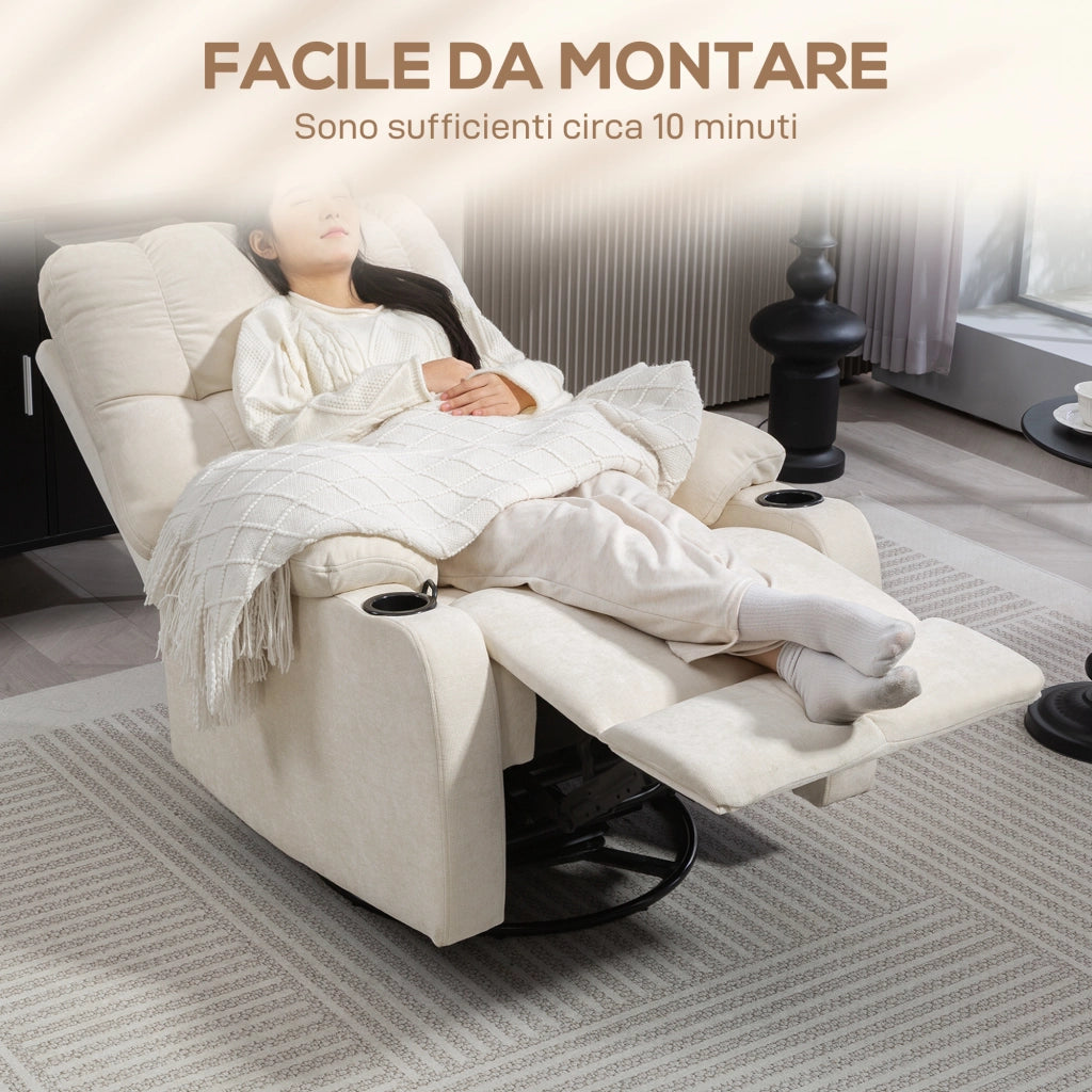 Poltrona Relax Reclinabile 135° 88x96x108 cm con Portabicchieri e Poggiapiedi in Tessuto Effetto Lino Beige