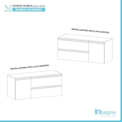 Mobile bagno sospeso 120 cm bianco opaco con due cassetti anta e specchio tondo Master