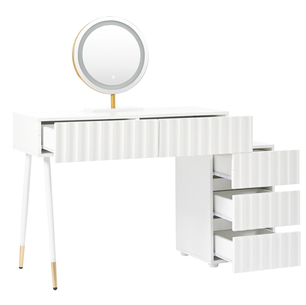 Toeletta con specchio LED; 5 cassetti; 100x40x127 cm; MDF e truciolare; bianca