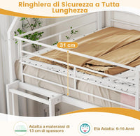 Letto a Castello per Bambini 90x200 cm, Letto Montessori con Scivolo Scala, Struttura in Metallo e Sponda di Sicurezza, Forma di Casa, senza Bisogno di Rete a Molle, Portata 110 kg (Bianco)