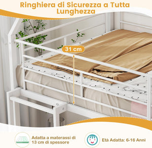 Letto a Castello per Bambini 90x200 cm, Letto Montessori con Scivolo Scala, Struttura in Metallo e Sponda di Sicurezza, Forma di Casa, senza Bisogno di Rete a Molle, Portata 110 kg (Bianco)