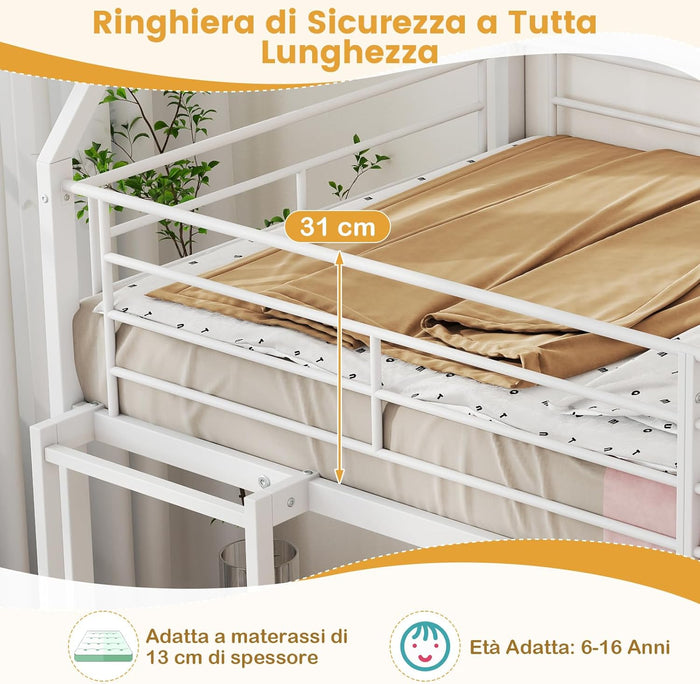 Letto a Castello per Bambini 90x200 cm, Letto Montessori con Scivolo Scala, Struttura in Metallo e Sponda di Sicurezza, Forma di Casa, senza Bisogno di Rete a Molle, Portata 110 kg (Bianco)