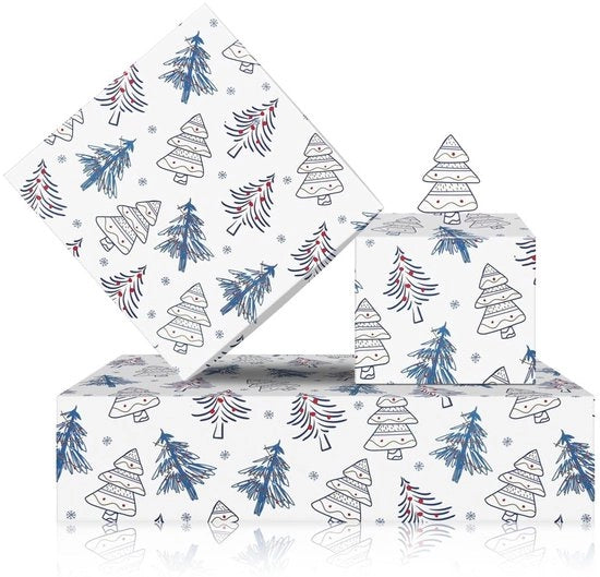 Pacco di Carta per Feste - 4 Fogli 50x70 cm - Disegno di Albero di Natale/Rotele - Confezione di Natale - Abbellimento per Artigianato - Schema a Colori Blu/Bianco - Carta da Regalo