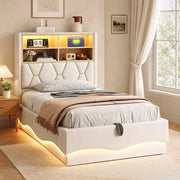 Letto per bambini 90x200 cm con contenitore idraulico, LED APP, USB, beige