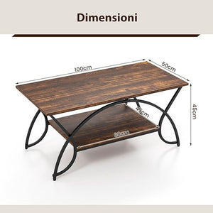 Tavolino da Caffè da Salotto, Tavolino Rettangolare a 2 Livelli con Struttura in Metallo, Tavolino Elegante e Moderno per Studio, Ufficio e Soggiorno, 100 x 50 x 45 cm (marrone e nero)