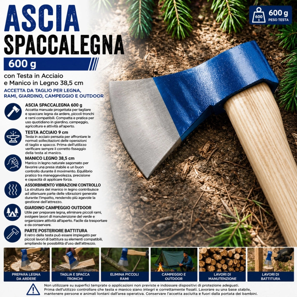 Ascia Spaccalegna 600 g Manico Legno 38,5 cm Accetta Da Esterno 02151