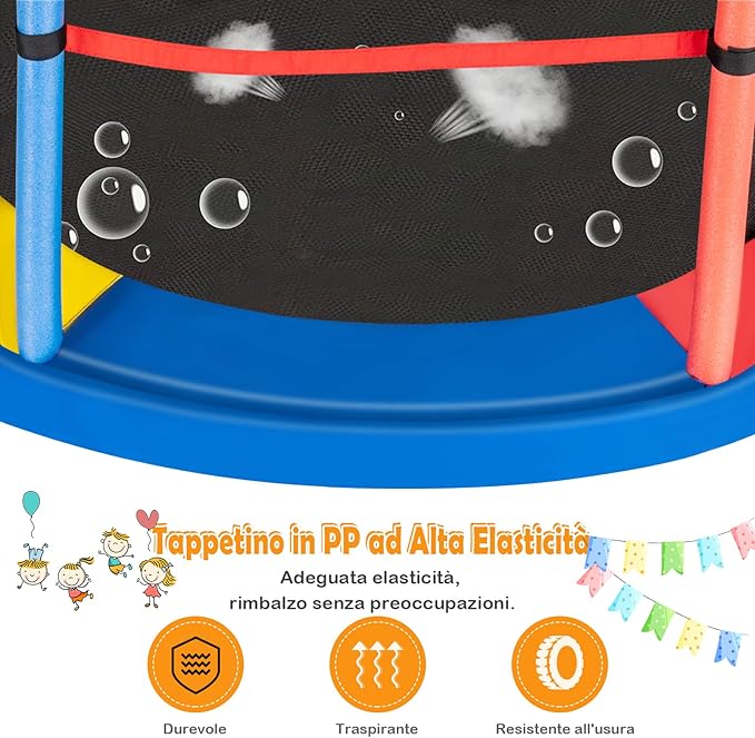 Trampolino Elastico Bambino in Acciaio, Tappeto Elastico Bambini da Esterno e da Interno, con Rete e Cusicnetti Antiscivolo