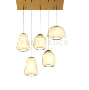 SOSPENSIONE OTTONE SAT. 5 LUCI RETTANGOLARE VETRI 1X ALPHA + 2X BETA + 2X GAMMA AMBRA 1176OS-S5 R ABG-AM