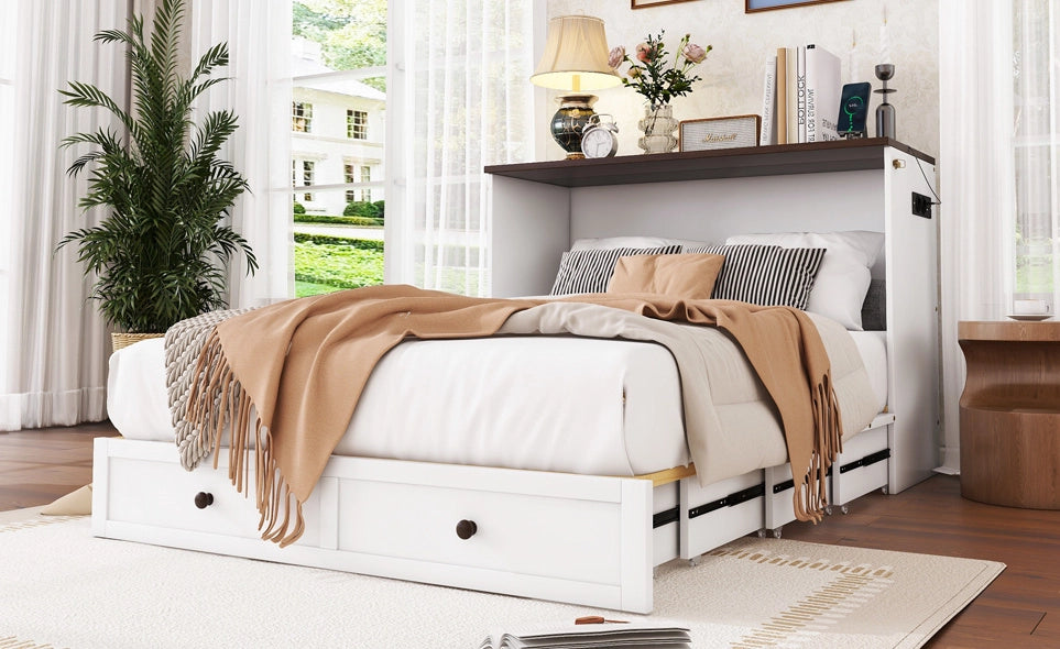 Letto a scomparsa 140x200 cm trasformabile con cassetti e USB in legno e MDF bianco