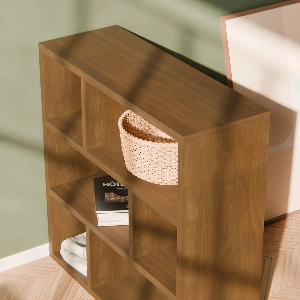 Libreria asimmetrica a 3 livelli con 6 vani, noce