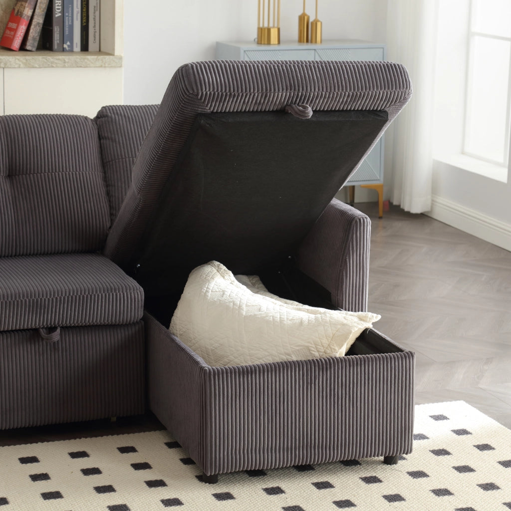 Divano letto angolare modulare con contenitore e chaise longue reversibile in velluto a coste grigio scuro