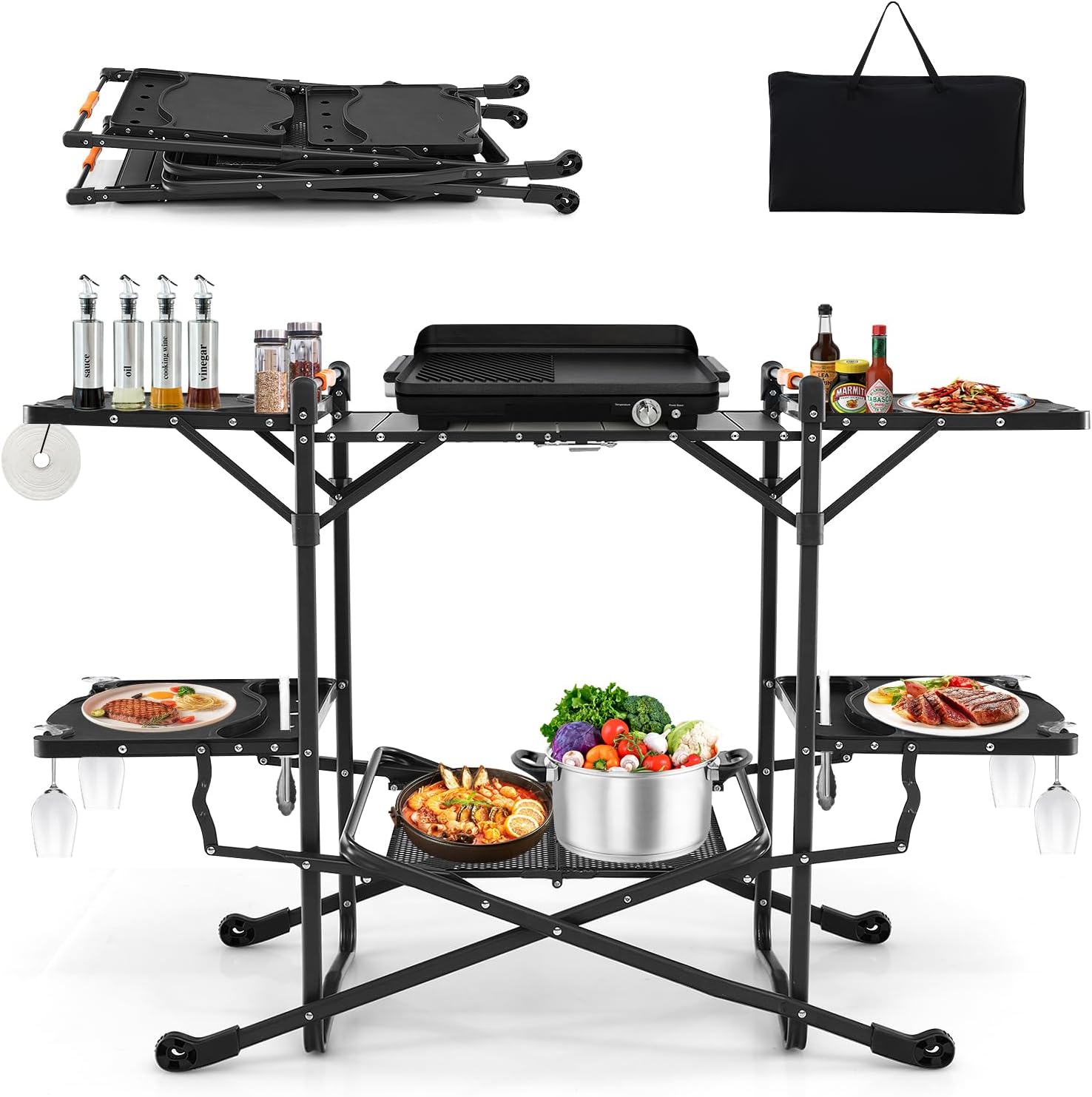 Tavolo da Campeggio Pighevole, Tavolo da Cucina Portatile con 4 Tavoli Laterali, Tavolo da Cucina per Picnic con Mensola Portaoggetti, Borsa