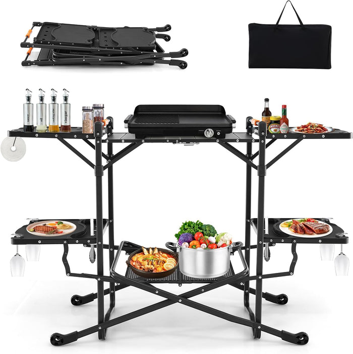 Tavolo da Campeggio Pighevole, Tavolo da Cucina Portatile con 4 Tavoli Laterali, Tavolo da Cucina per Picnic con Mensola Portaoggetti, Borsa