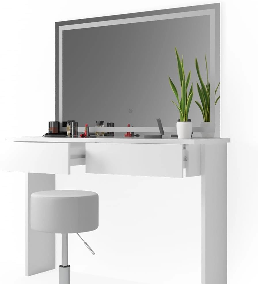 Tavolo da toeletta Azur, Bianco, 120 cm con specchio e sgabello a LED, Due cassetti scorrevoli per organizzare subito palette, pennelli e gioielli