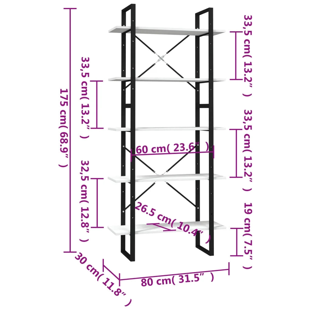 Libreria a 5 Ripiani-Scaffale per Libri-Mobile di Stoccaggio Bianca 80x30x175 cm in Legno di Pino