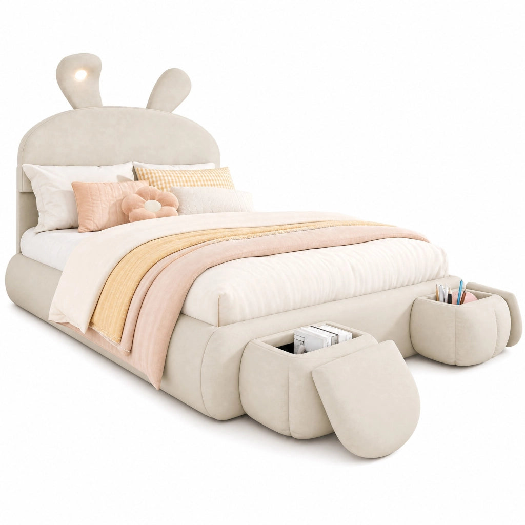 Letto imbottito 140x200 cm beige in velluto con contenitore e LED