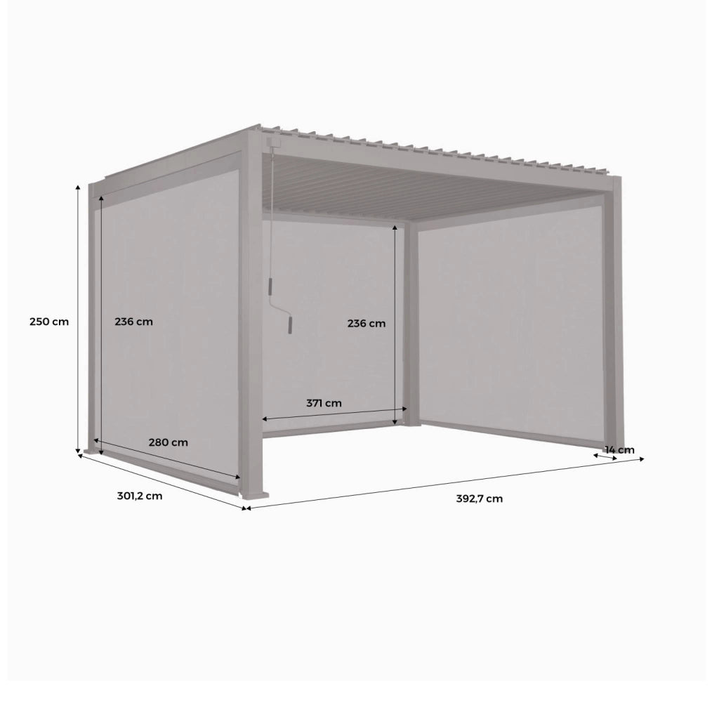 Pergola bioclimatica 3x4m in alluminio + 2 tende da 3m + 1 tenda da 4m