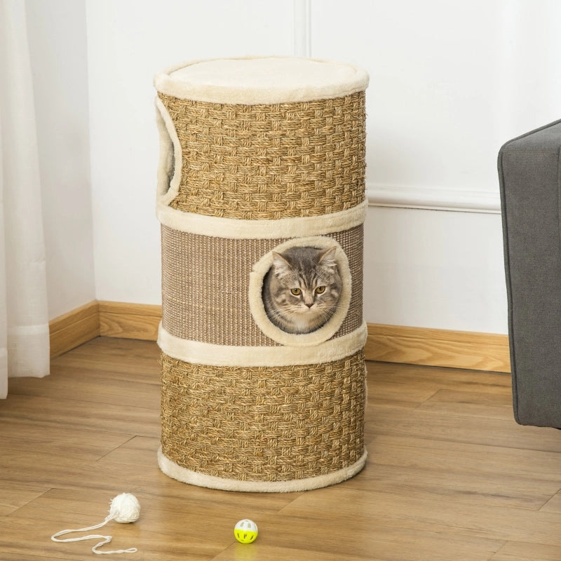 Tiragraffi per gatti a 3 livelli in pannello truciolare con rivestimento in peluche, marrone
