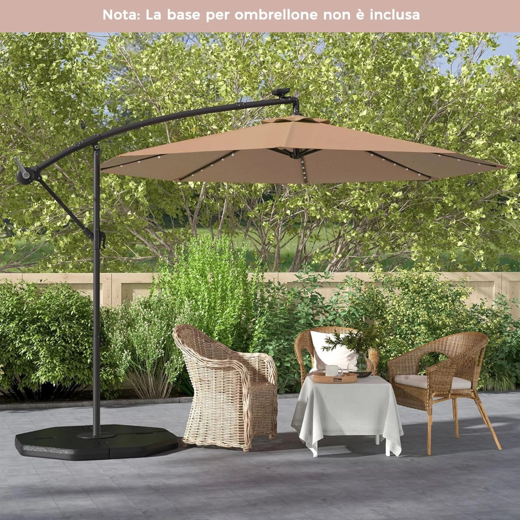 Ombrellone da Giardino 300 cm, 40 Luci LED Solari, Anti-UV, Inclinazione Regolabile, Manovella, 8 Stecche per Esterno Piscina Patio (Marrone)