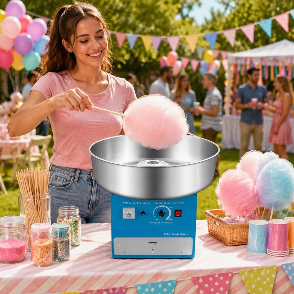 Electric Cotton Candy Machine, Commercial Cotton Candy Equipment (1000 W) With 52 Cm Stainless Steel Bowl, Sugar Scoop, And Drawer, Perfect For Children's Birthdays, Family Celebrations, And Parties. Blue