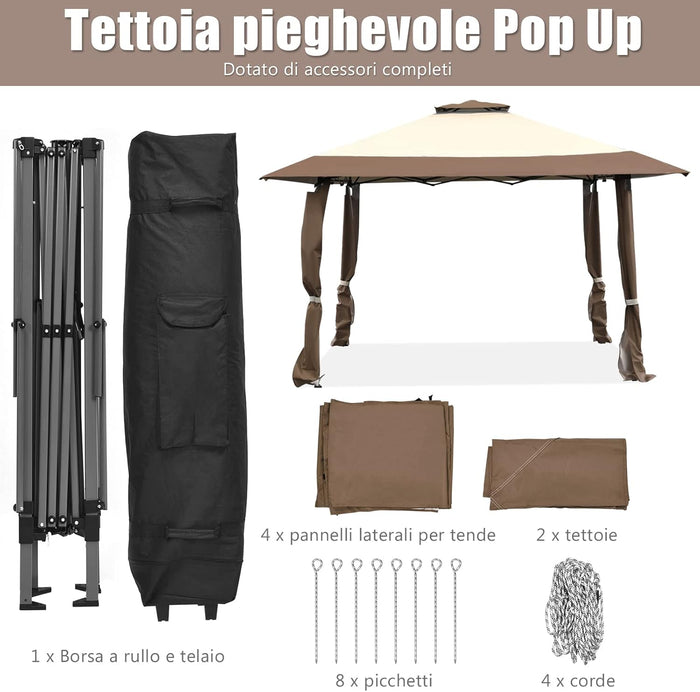 Gazebo da Giardino 3,95 x 3,95 M, Gazebo da Esterno con Tetto a 2 Livelli e 3 Altezze Regolabili, con Borsa,Tessuto Oxford, Ideale per Feste, Barbecue, Giardino, Spiaggia (Marrone)