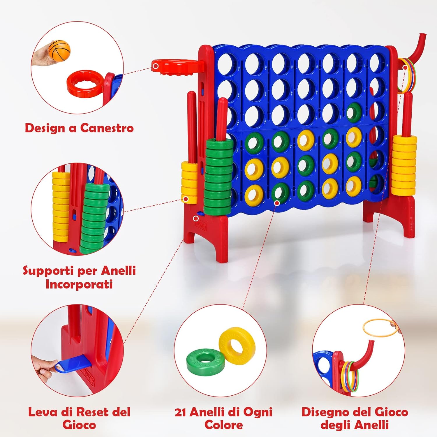 Forza 4 gigante, Set forza 4 per bambini e adulti, Con canestro e gioco di lancio, Perfetto per feste di compleanno e vacanze (Rosso)