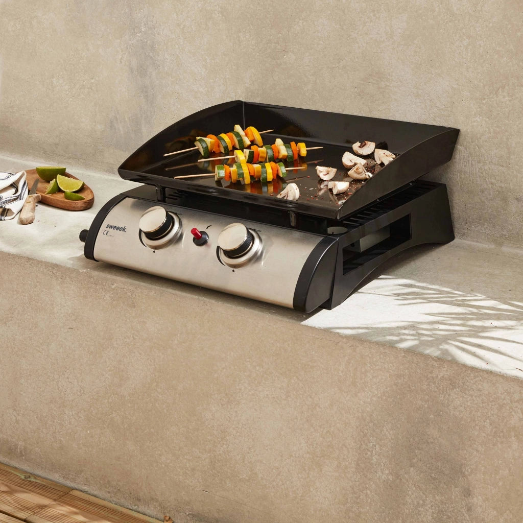 Piastra plancha a gas in acciaio inox 2 bruciatori 5kw, nero