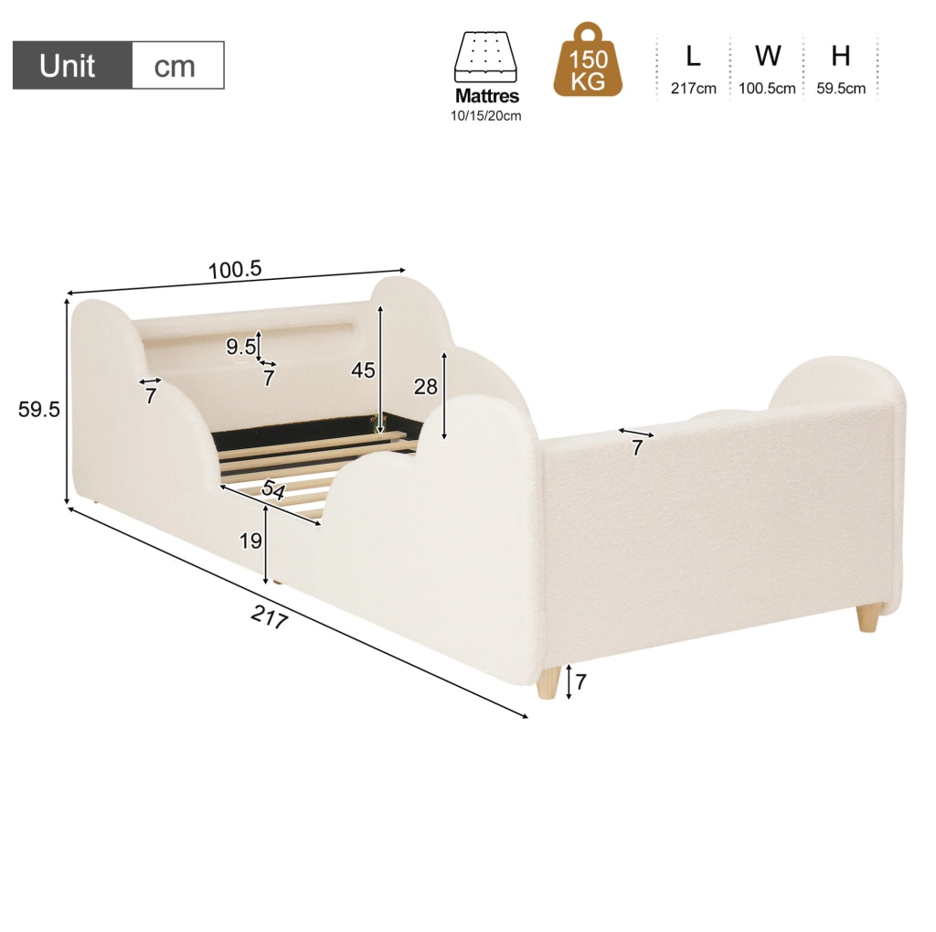 Letto per bambini 90x200 cm con sponde imbottite; luce notturna e USB C; bouclé beige