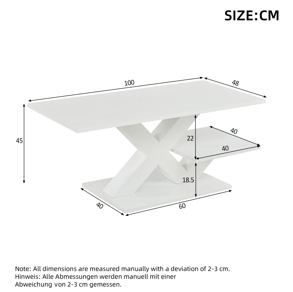 Tavolino da caffè rettangolare 100x48x45 cm in MDF bianco lucido con doppio ripiano