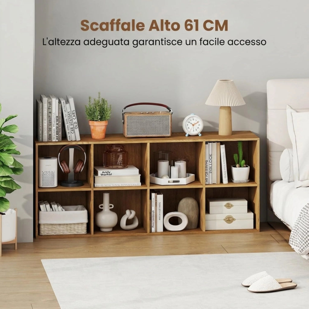 Libreria Scaffale a 8 Cubi Aperti, Libreria Bassa in Legno Salvaspazio, Scaffale Espositivo per Camera da Letto, Soggiorno, Salotto, Ufficio e Studio, 121,5 x 29 x 61 cm (Naturale)
