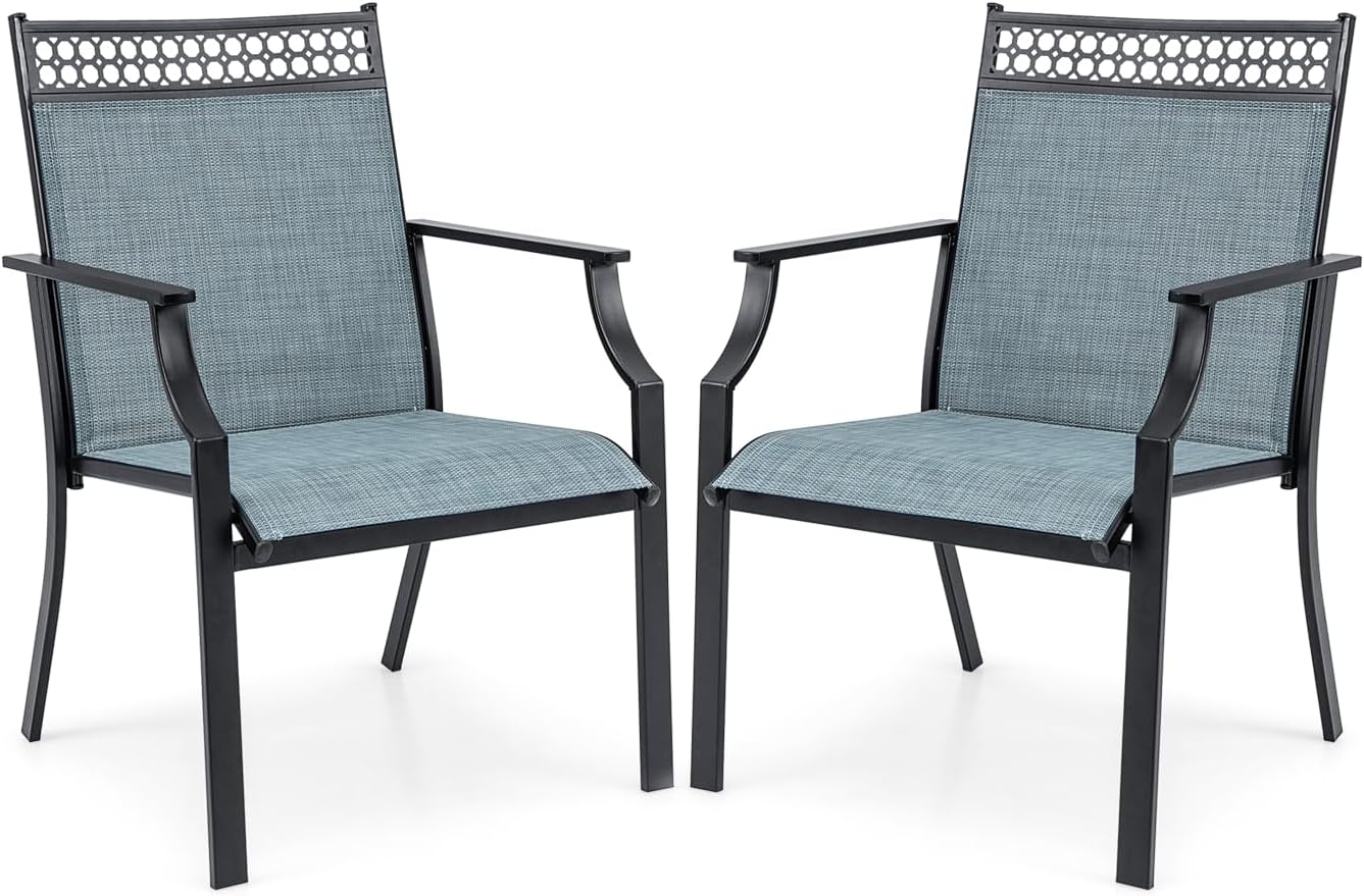 Set di 2 Sedie da Giardino in Textilene, Sedie da Esterno con Schienale Alto, Braccioli, Robusto Telaio in Metallo, Fino a 150 kg, per Patio Terrazza Balcone (Blu + Nero)
