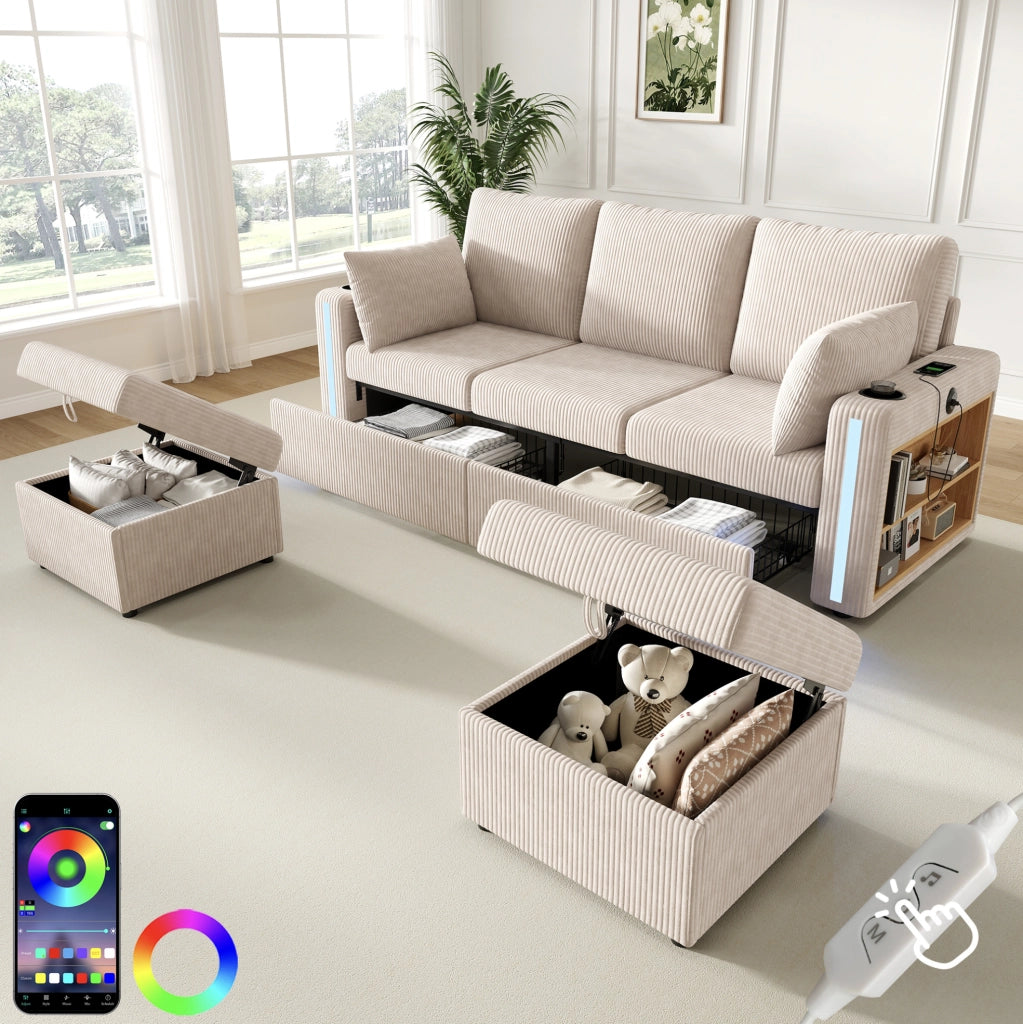 Divano modulare ULEVR 190x130x85 cm a U/L con 2 pouf contenitore, LED, USB e Type-C, beige