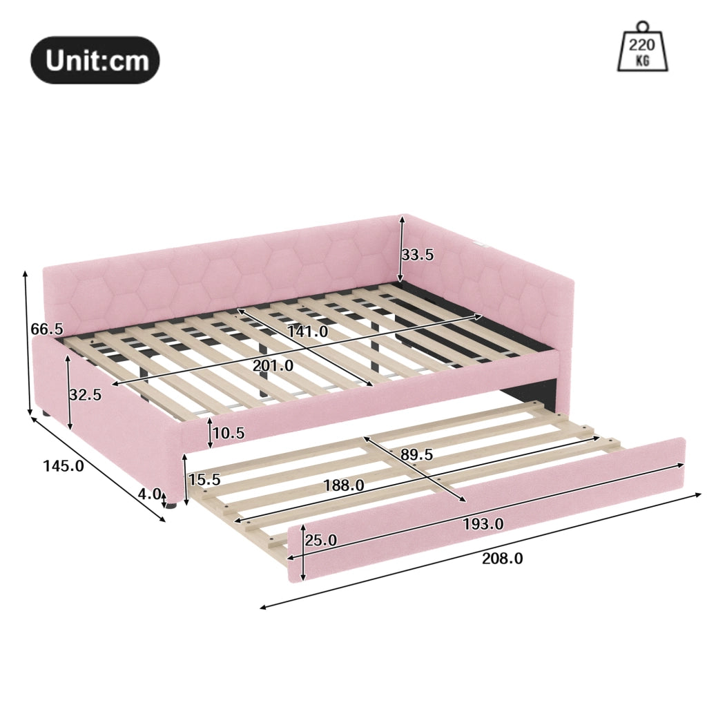Daybed rosa 140x200 cm con letto estraibile, USB e luce