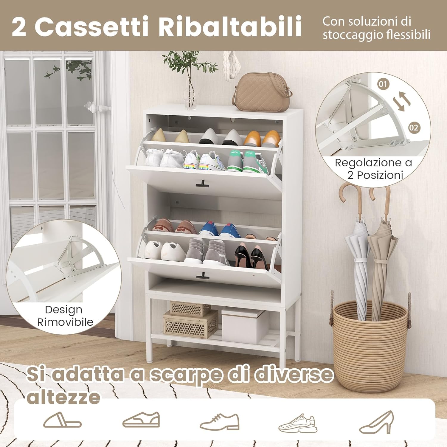 Armadio per Scarpe con 2 Cassetti a Ribalta, Scarpiera Nascosto con Ripiani Regolabili e Rimovibili, Ripiano in Metallo e Dispositivo Antiribaltamento, 60x24x106 cm (Bianco)