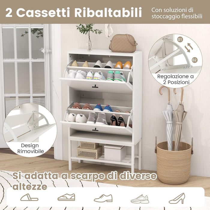 Armadio per Scarpe con 2 Cassetti a Ribalta, Scarpiera Nascosto con Ripiani Regolabili e Rimovibili, Ripiano in Metallo e Dispositivo Antiribaltamento, 60x24x106 cm (Bianco)