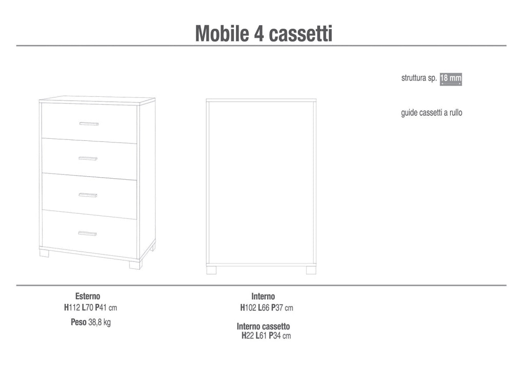 Cassettiera 4 Cassetti 70x112x41 cm Ossido Nero/Noce Stelvio