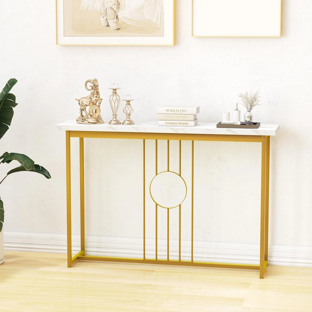 Tavolo Console da ingresso, ingresso stretto con piano in marmo imitazione e struttura in metallo dorato, tavolo laterale da 120 cm per corridoio, soggiorno, 120 x 30 x 80,5 cm