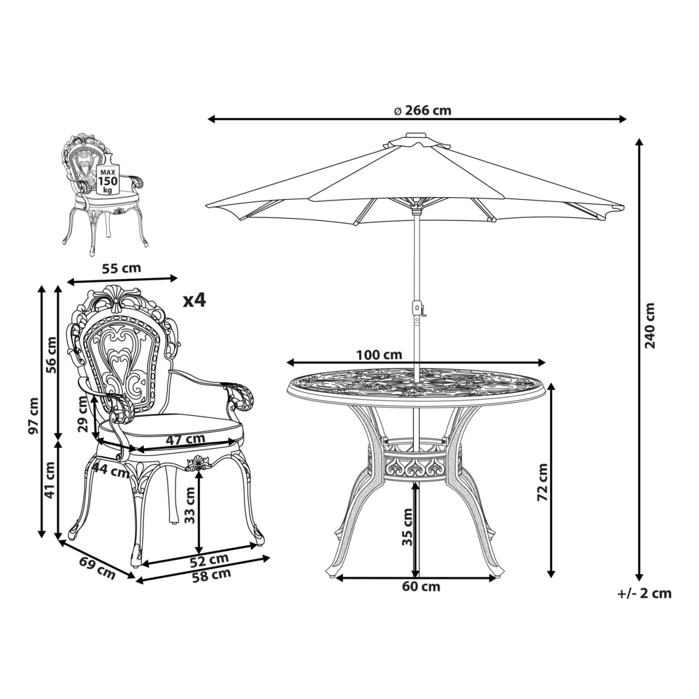 Set da pranzo da giardino tavolo rotondo da esterno alluminio marrone e ombrellone 4 sedie vintage