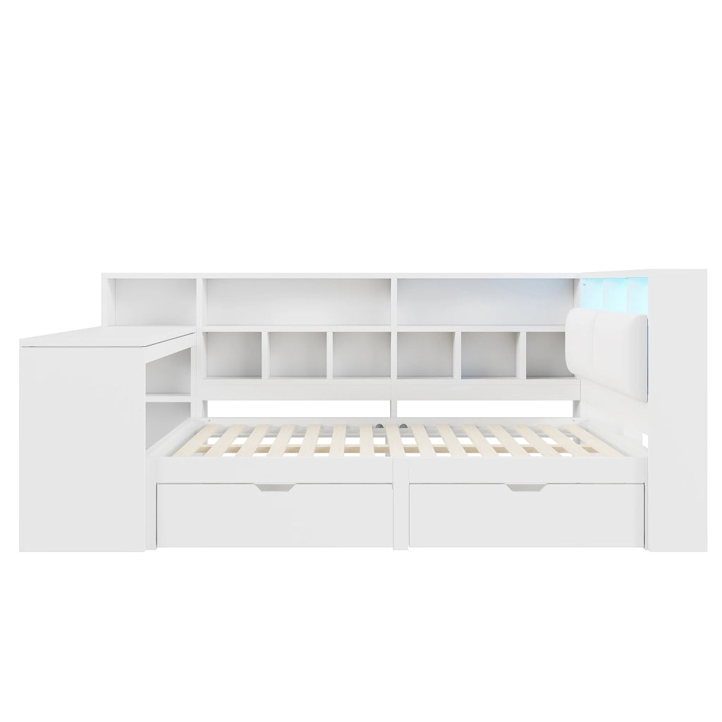 Letto combinato 140 × 200 cm con scrivania, libreria, cassetti, LED e USB, senza materasso, bianco