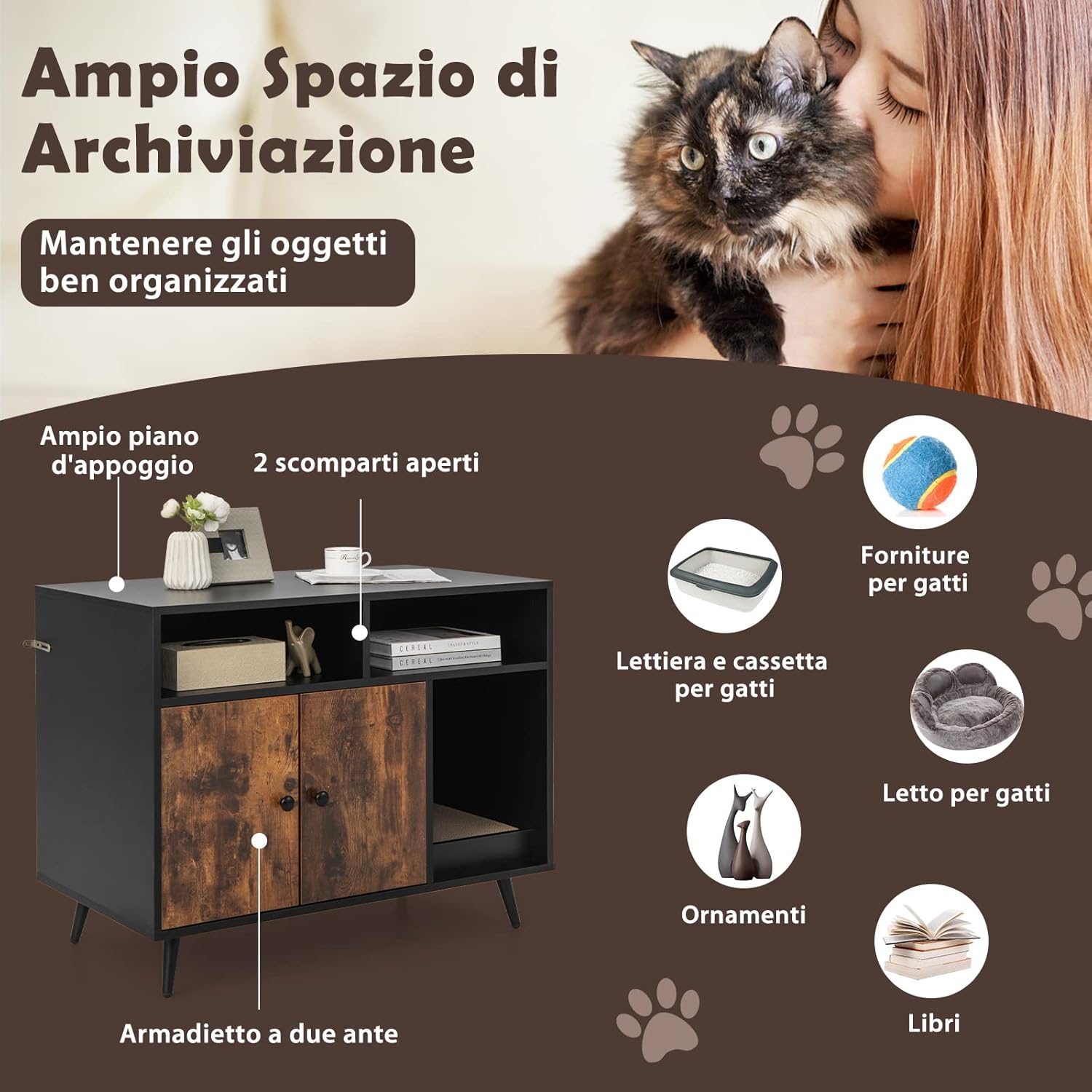 Mobile per Lettiera Gatti con Tira graffi, Gambe Inclinate in Metallo e 2 Ripiani per Riporre gli Oggetti, Casetta in Legno da Interno per Gattini e Gatti Grandi, 90 x 50 x 69 cm