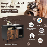 Mobile per Lettiera Gatti con Tira graffi, Gambe Inclinate in Metallo e 2 Ripiani per Riporre gli Oggetti, Casetta in Legno da Interno per Gattini e Gatti Grandi, 90 x 50 x 69 cm