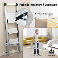 Scala Pieghevole in Alluminio a 3 Gradini, Scaletta Salvaspazio con Corrimano, Ampi Pedali e Piedini Antiscivolo, Telaio in Alluminio Robusto e Leggero, Portata 150kg