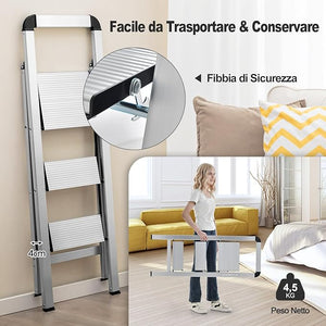 Scala Pieghevole in Alluminio a 3 Gradini, Scaletta Salvaspazio con Corrimano, Ampi Pedali e Piedini Antiscivolo, Telaio in Alluminio Robusto e Leggero, Portata 150kg