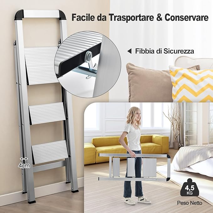 Scala Pieghevole in Alluminio a 3 Gradini, Scaletta Salvaspazio con Corrimano, Ampi Pedali e Piedini Antiscivolo, Telaio in Alluminio Robusto e Leggero, Portata 150kg
