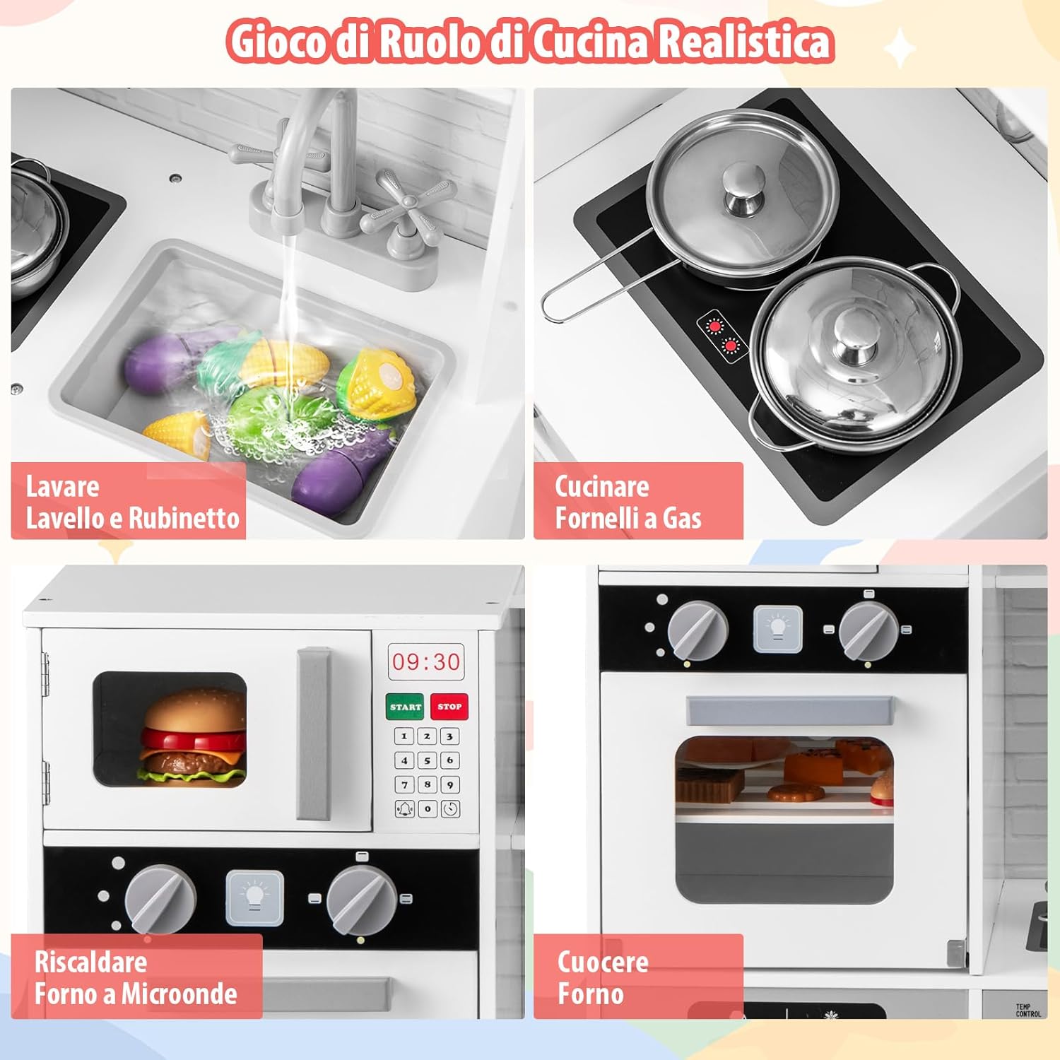 Cucina Giocattolo in Legno per Bambini con Forno, Microonde, Lavello, Rubinetto e Lavatrice, Luci e Suoni Realistici, 3+ Anni