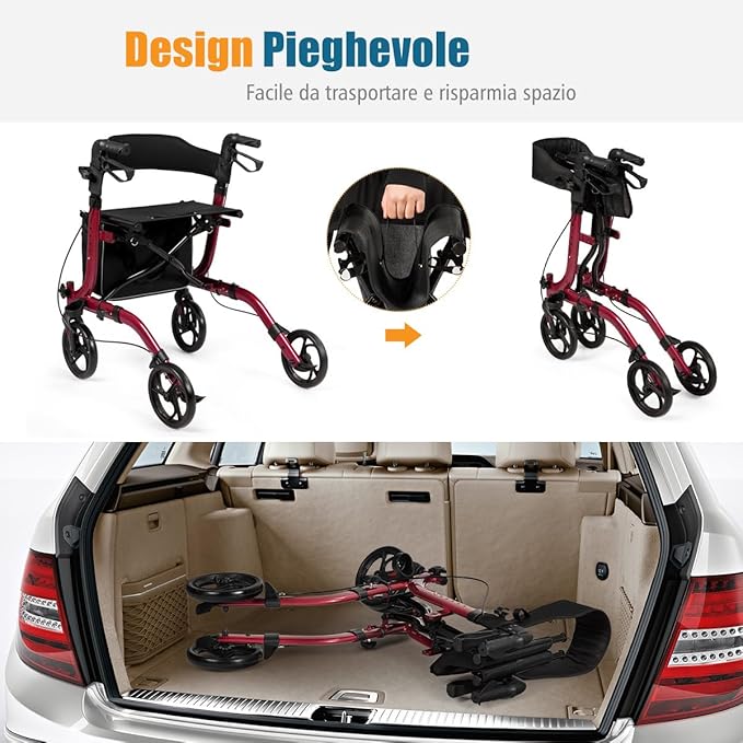 Deambulatore Pieghevole per Anziani Ultraleggero, con Sedile Borsa da Spesa e 4 Ruote Freno a Mano, Rollator Altezza Regolabile, Capacità 136kg, Lega di Alluminio, Nero (Rosso)