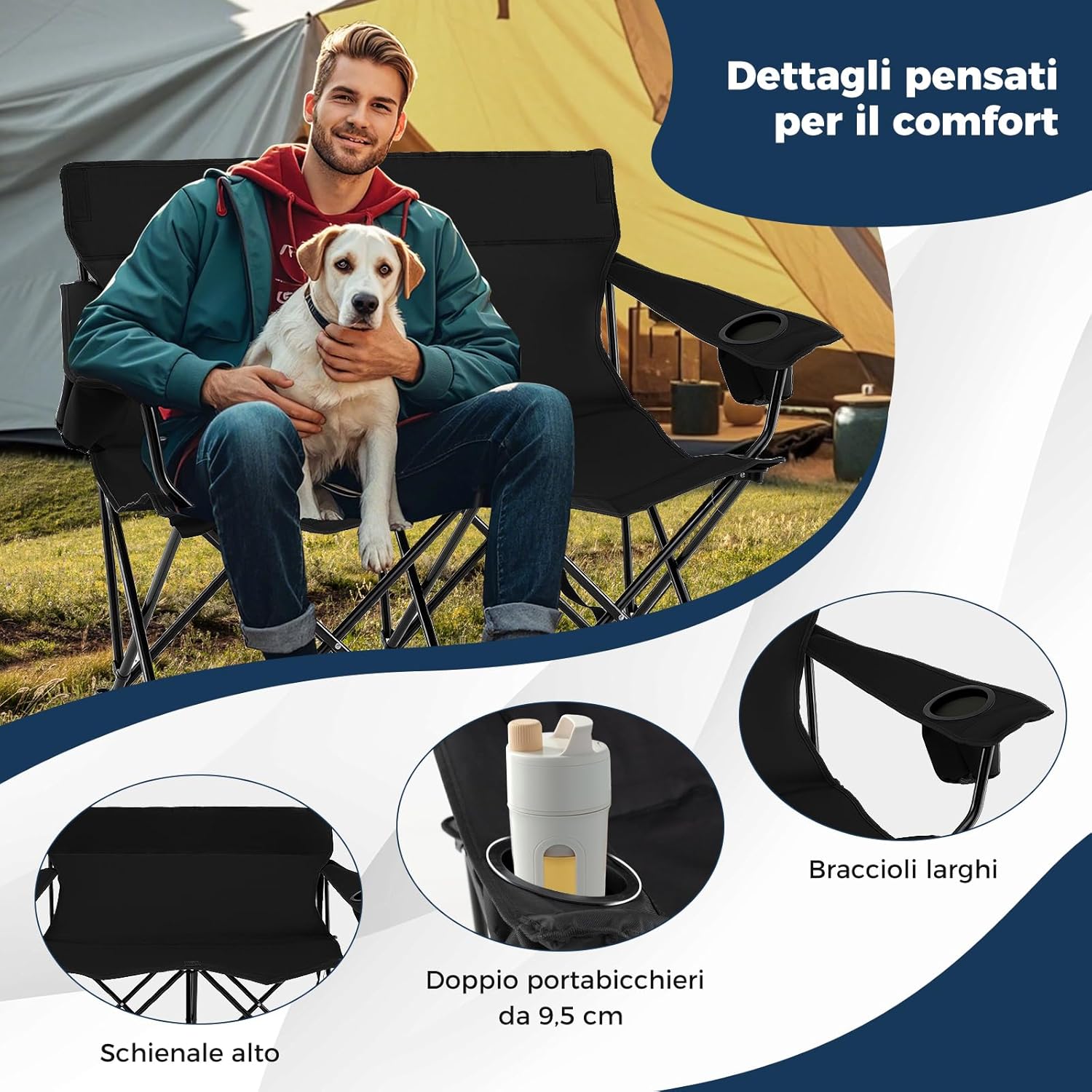 Sedia da Campeggio Doppia, Poltrona Pieghevole per 2 Persone con Portabicchieri, Borsa per il Trasporto, Sedia da Giardino Portatile per Spiaggia, Picnic, Pesca, Portata 300 kg (Nero)