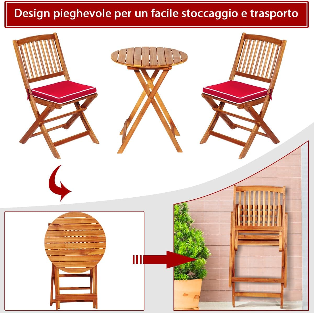 Set Tavolo e Sedie da Giardino, Set Mobili da Giardino Pieghevoli 3 Pezzi in Legno di Acacia, con Cuscini, Arredo Giardino per Giardino Terrazzo Balcone (Cuscini Rossi)
